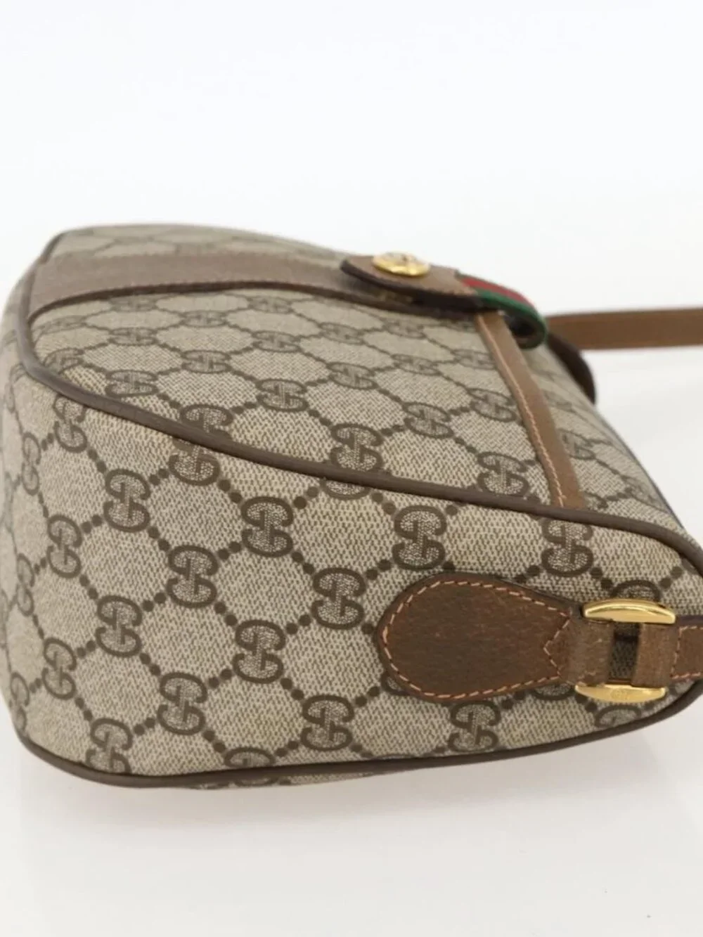 GUCCI GG Supreme Web Sherry Line Shoulder Bag PVC Beige Gold Auth 175956